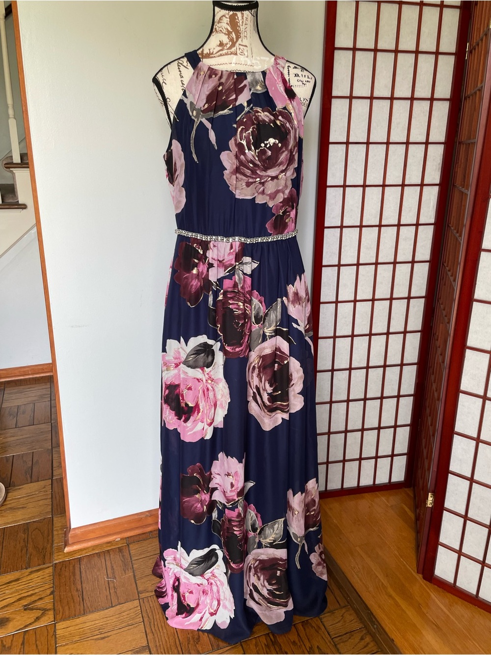 SLNY Navy Floral Halter Maxi Dress with Pink Blooms, Size 10